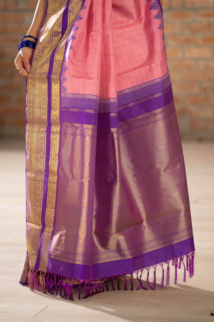 Lotus Pink Zari Checks Pure Kanchipuram Silk Saree - Clio Silks