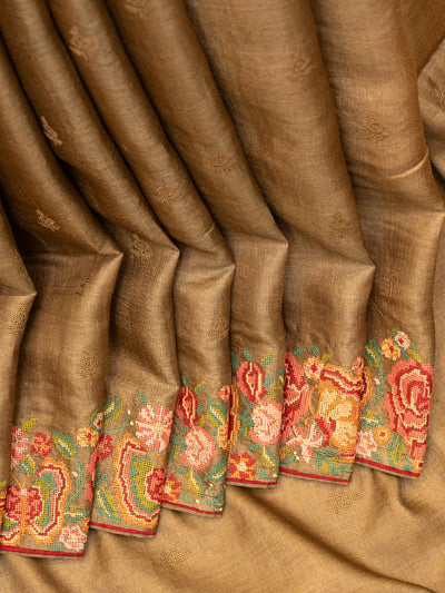 Golden beige crochet embroidered pure Tussar silk saree