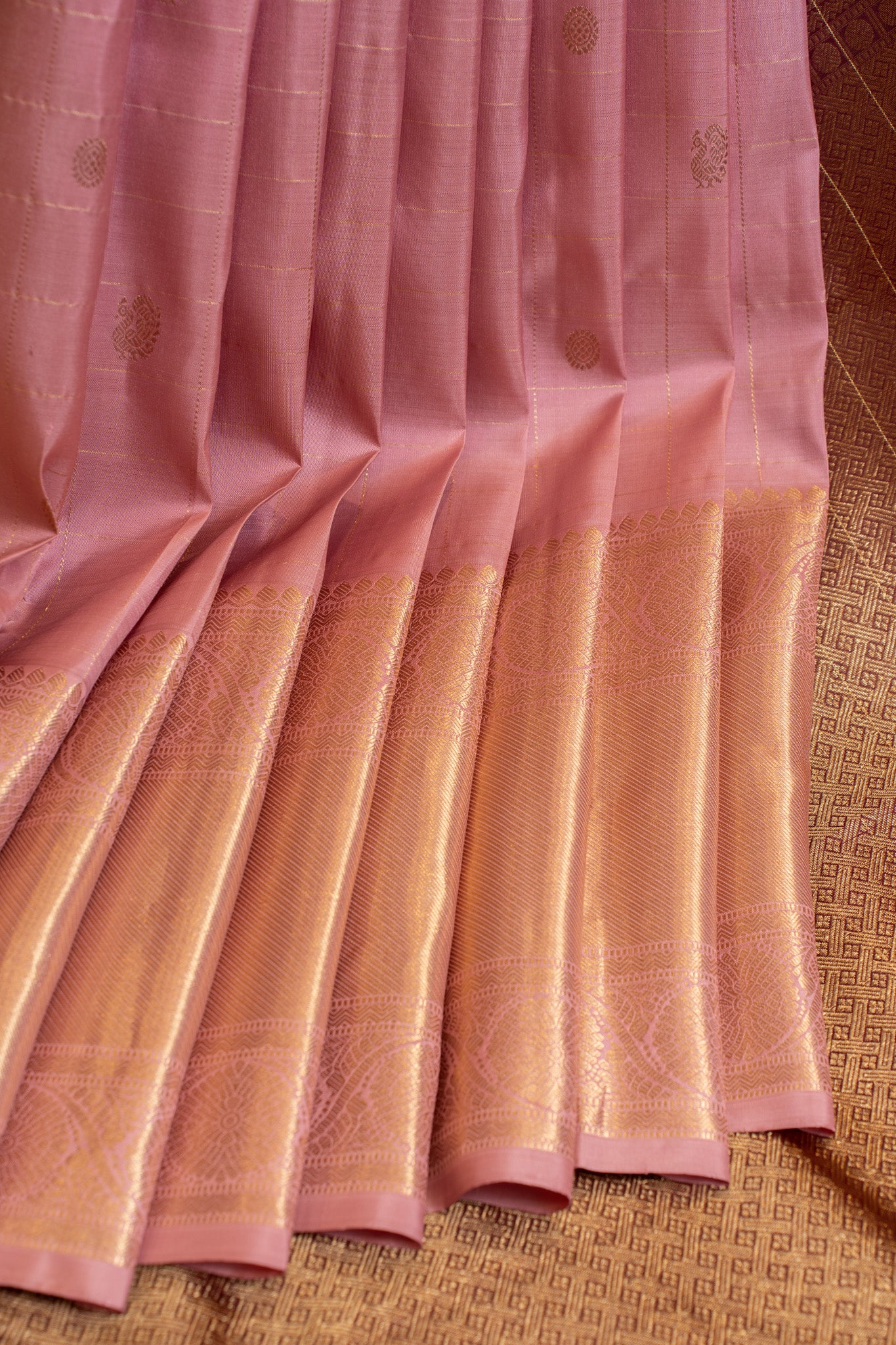 Pastel pink zari checks pure Kanchipuram silk saree