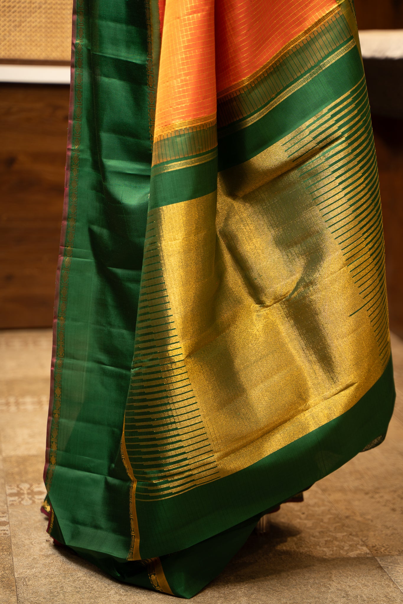 Orange and Green Pure Zari Checks Kanchipuram Silk Saree - Clio Silks