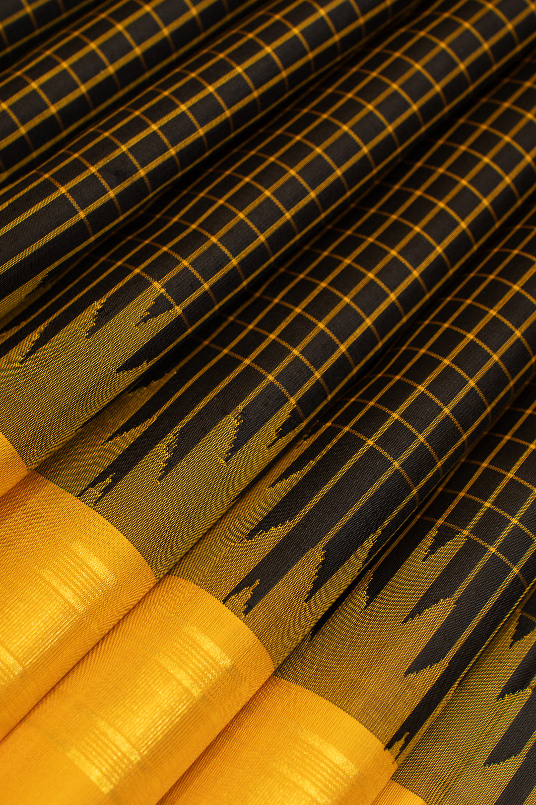 Black and mustard checks temple border pure Kanchipuram silk saree