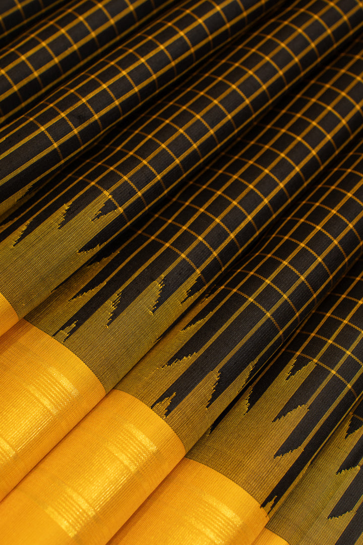 Black and mustard checks temple border pure Kanchipuram silk saree