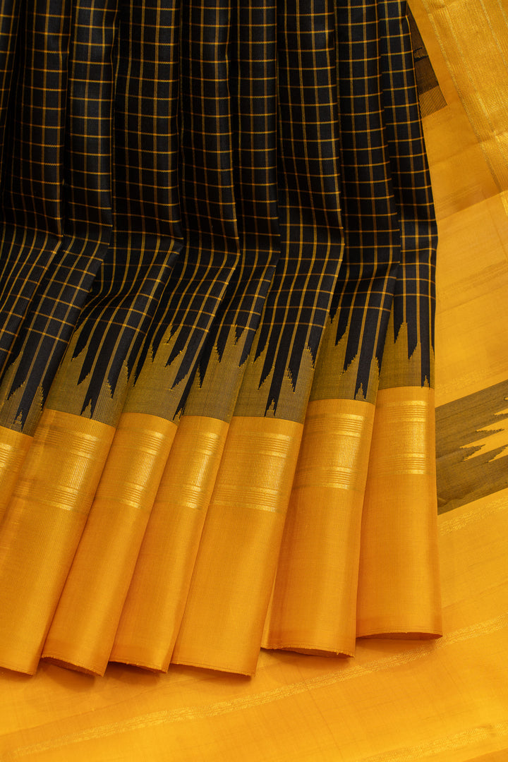 Black and mustard checks temple border pure Kanchipuram silk saree