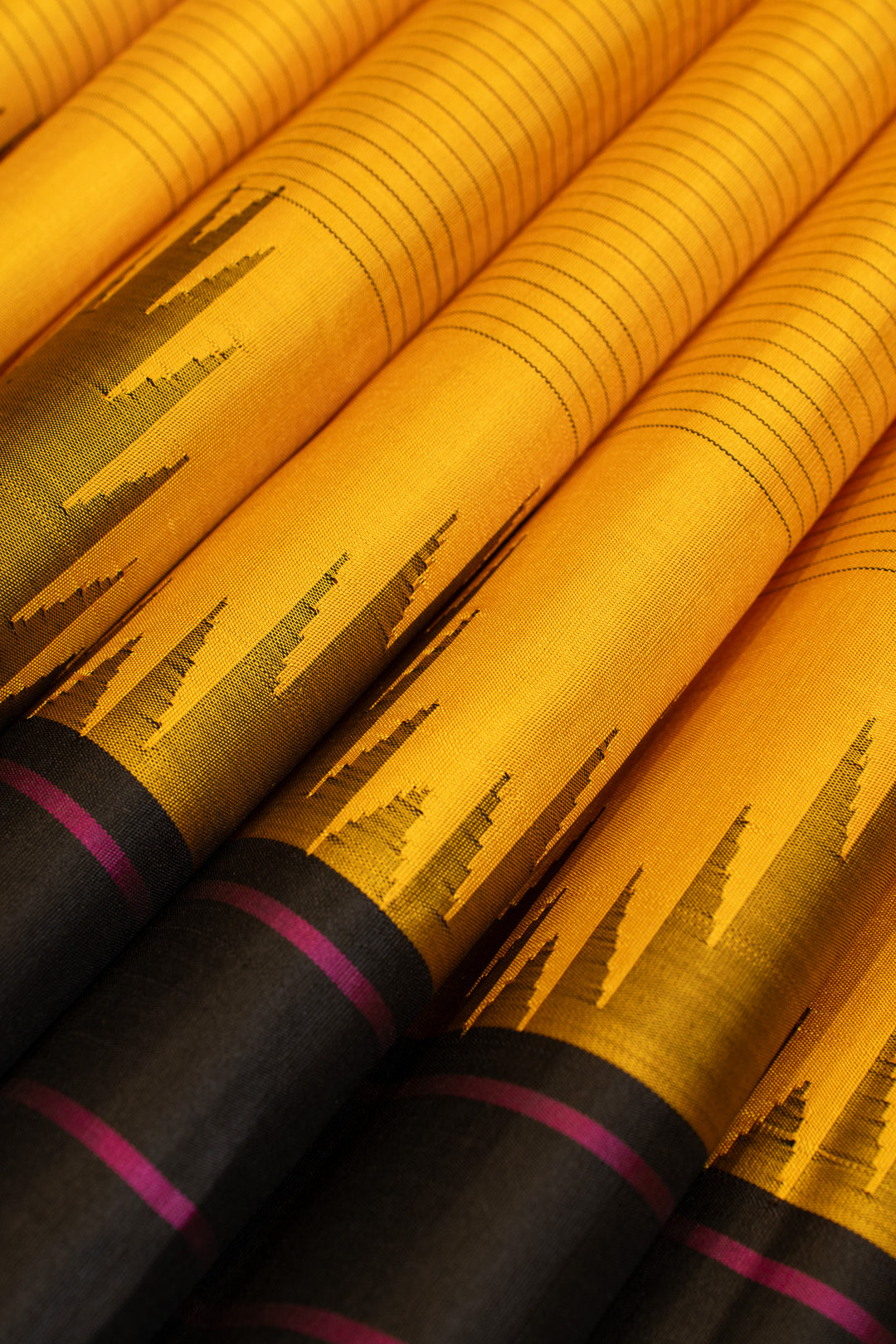 Yellow and black stripes without zari pure Kanchipuram silk saree