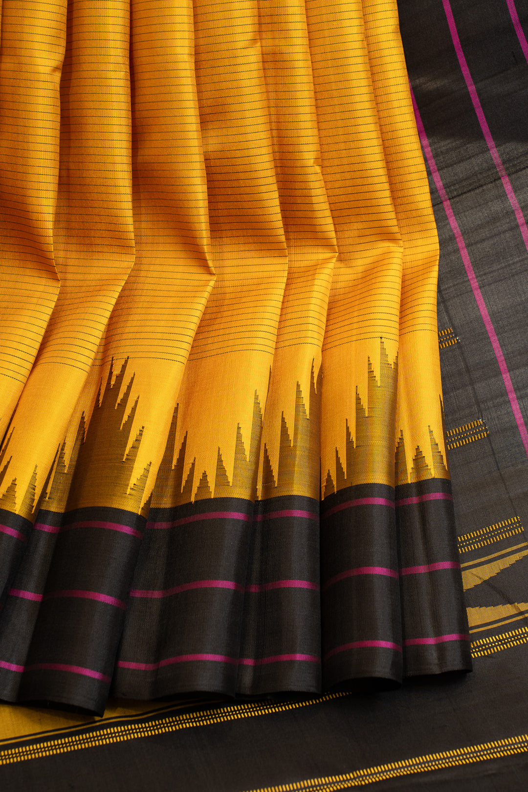 Yellow and black stripes without zari pure Kanchipuram silk saree
