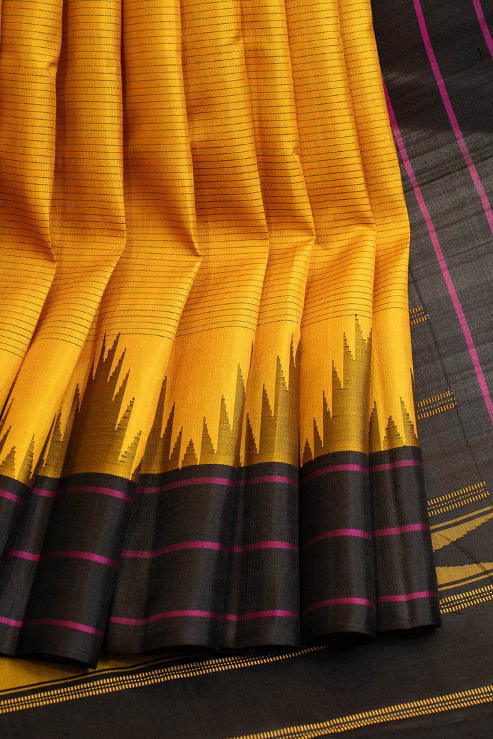 Yellow and black stripes without zari pure Kanchipuram silk saree