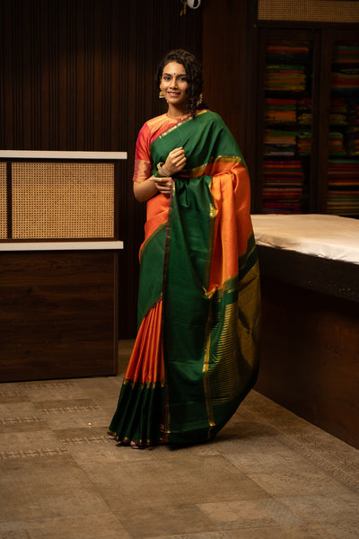 Orange and Green Pure Zari Checks Kanchipuram Silk Saree - Clio Silks
