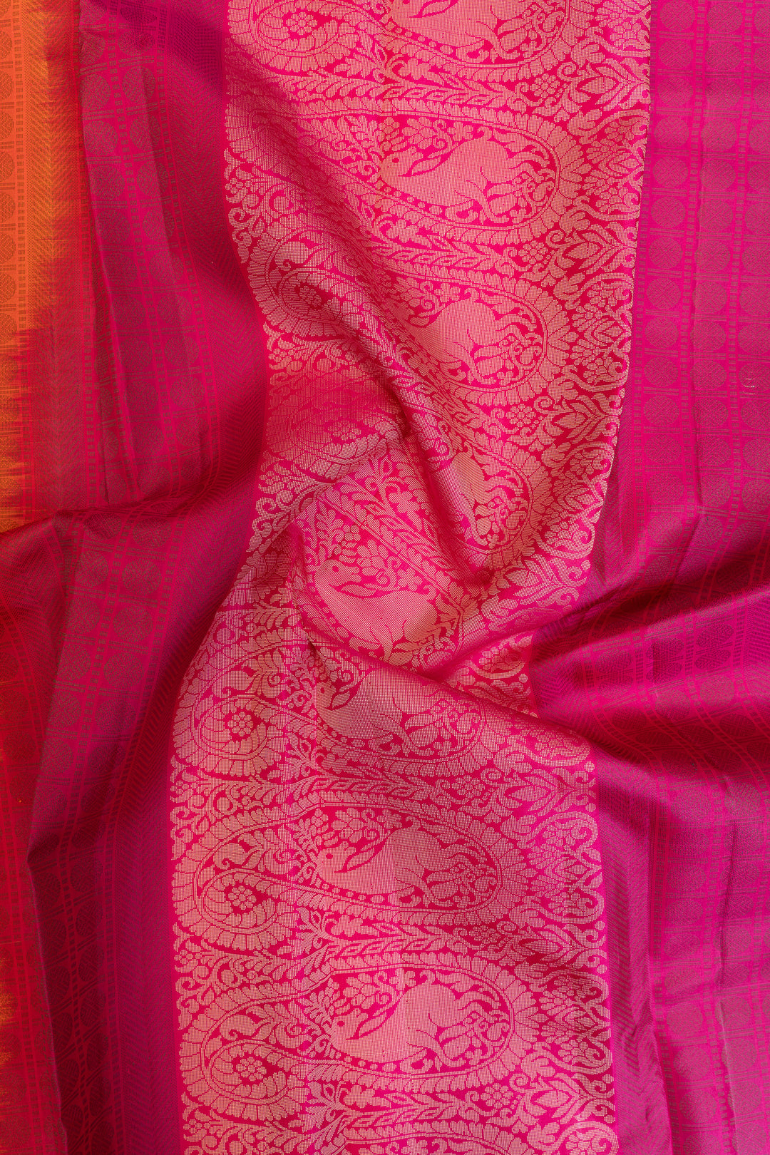 Peach orange thread work pure Kanchipuram silk saree