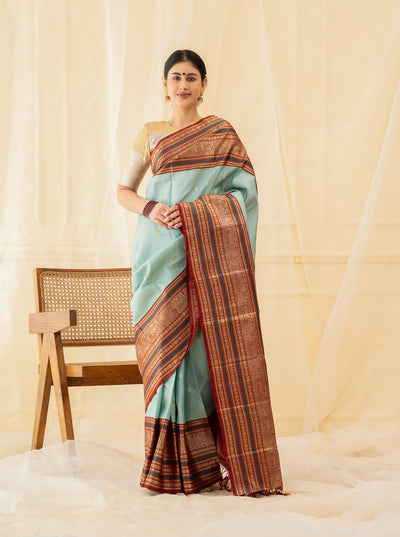Sapphire Blue Thread Border Pure Kanchipuram Silk Saree - Clio Silks