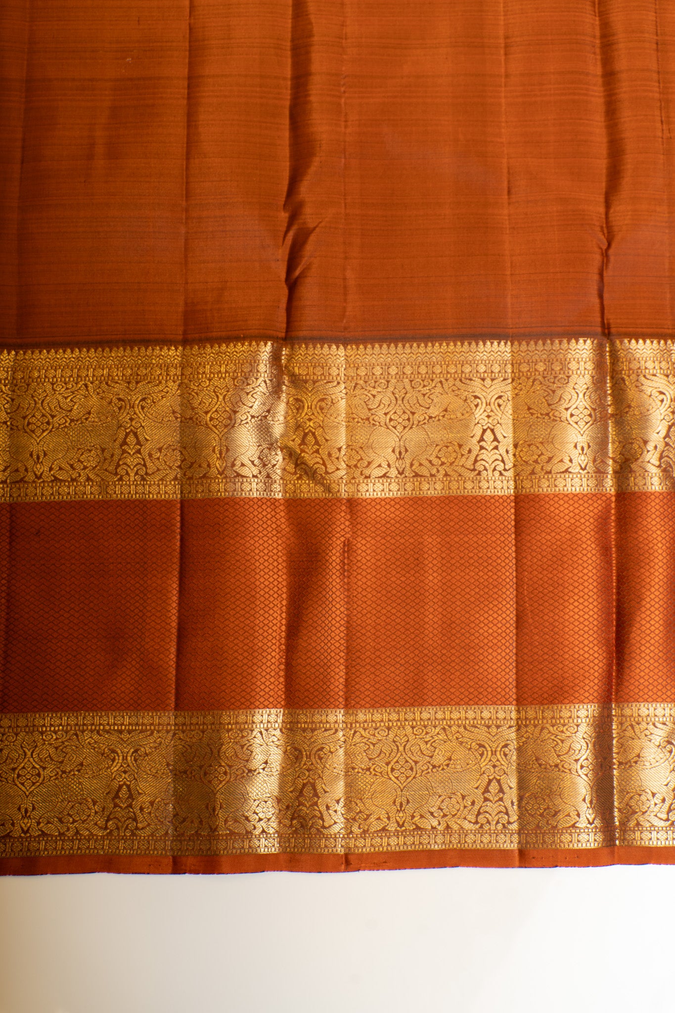 Aubergine purple and rust orange pure Kanchipuram silk saree