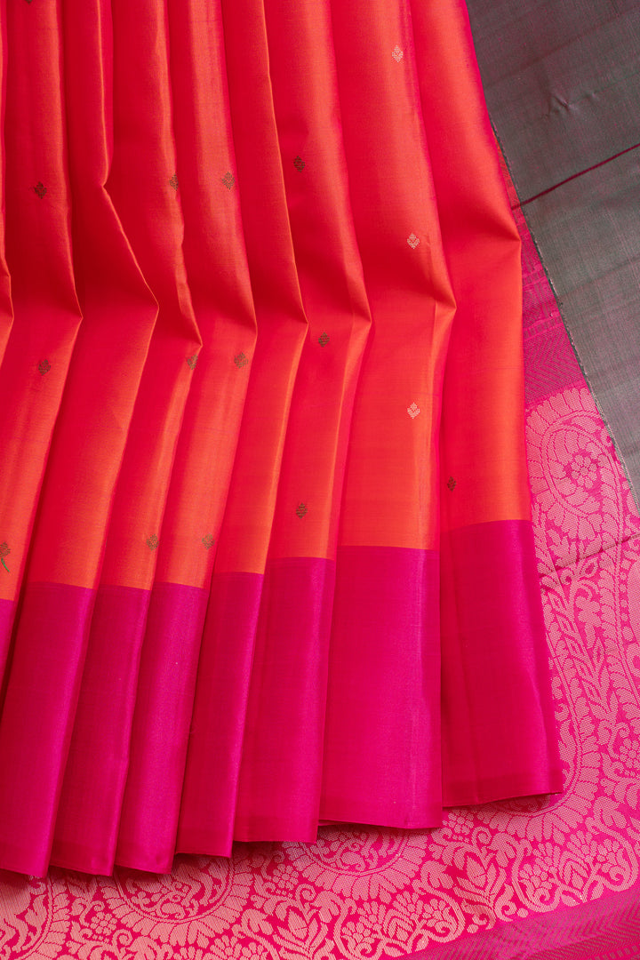 Peach orange thread work pure Kanchipuram silk saree