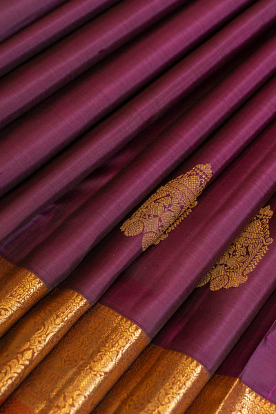 Aubergine purple and rust orange pure Kanchipuram silk saree