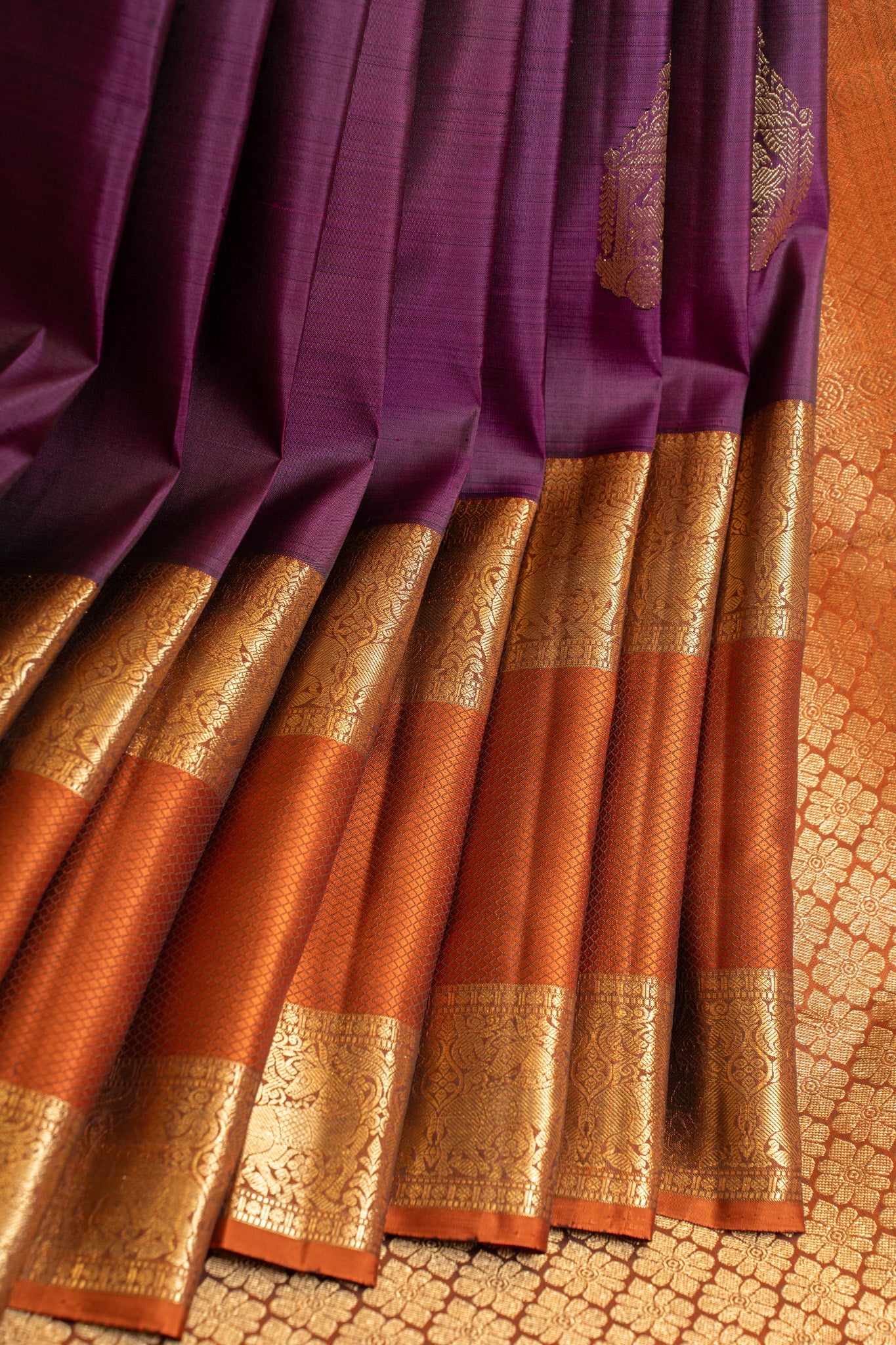 Aubergine purple and rust orange pure Kanchipuram silk saree