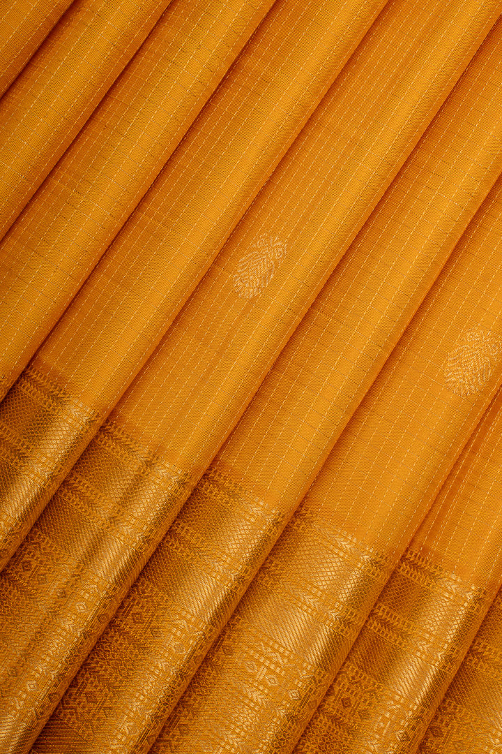 Golden Yellow Zari Checks Pure Kanchipuram Silk Saree