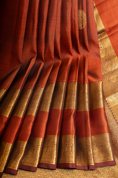 Maroon and rust orange pure Kanchipuram silk saree