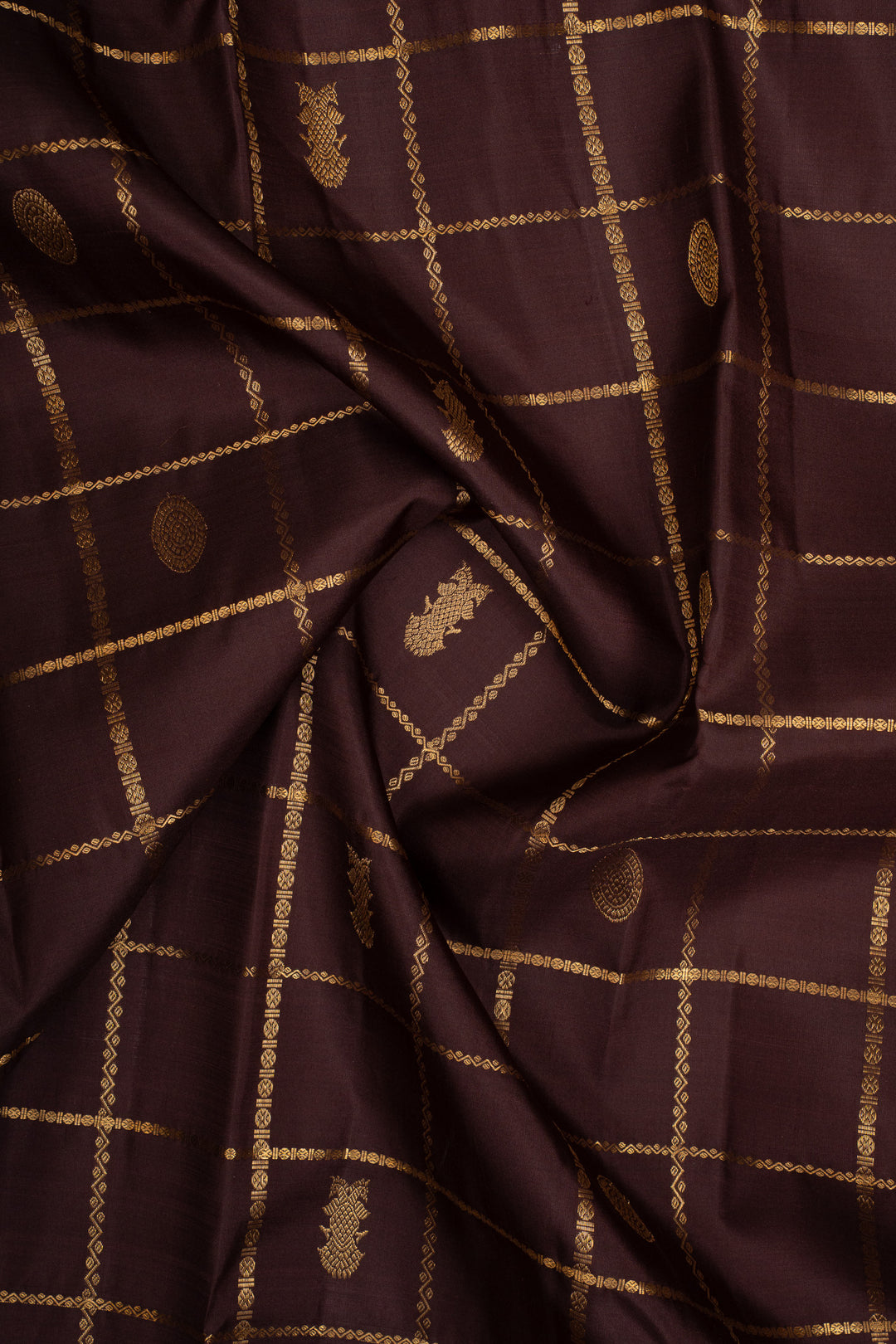 Brown and Maroon Zari Checks Pure Kanchipuram Silk Saree