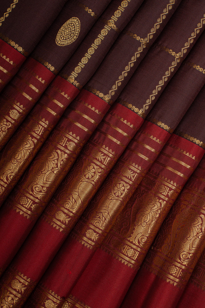 Brown and Maroon Zari Checks Pure Kanchipuram Silk Saree