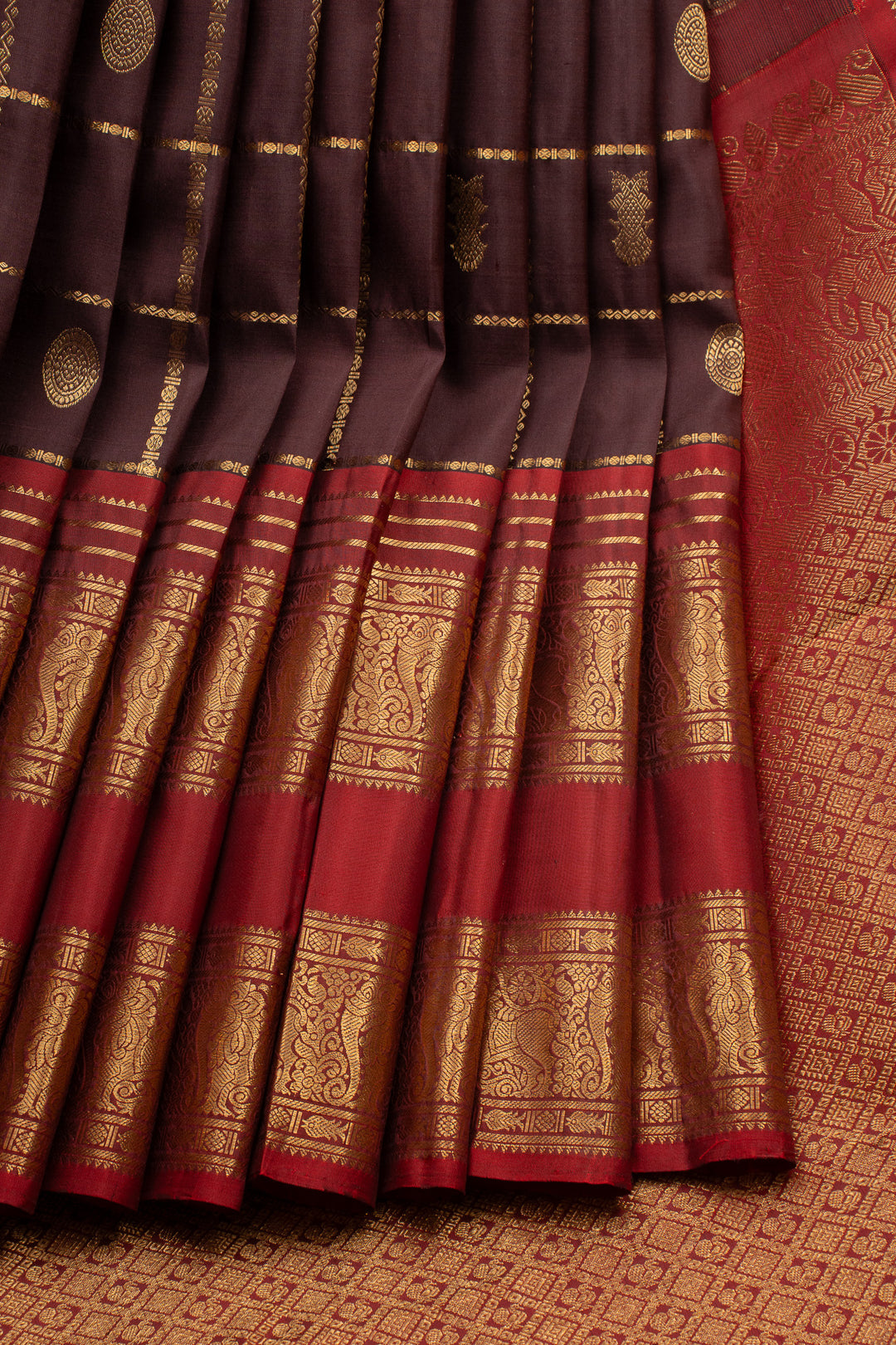 Brown and Maroon Zari Checks Pure Kanchipuram Silk Saree