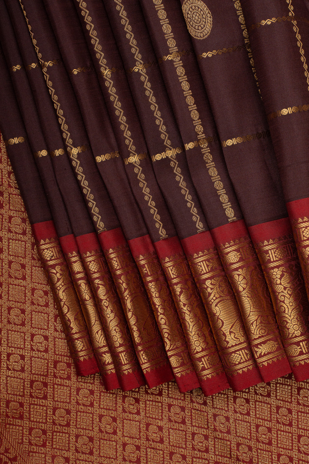Brown and Maroon Zari Checks Pure Kanchipuram Silk Saree