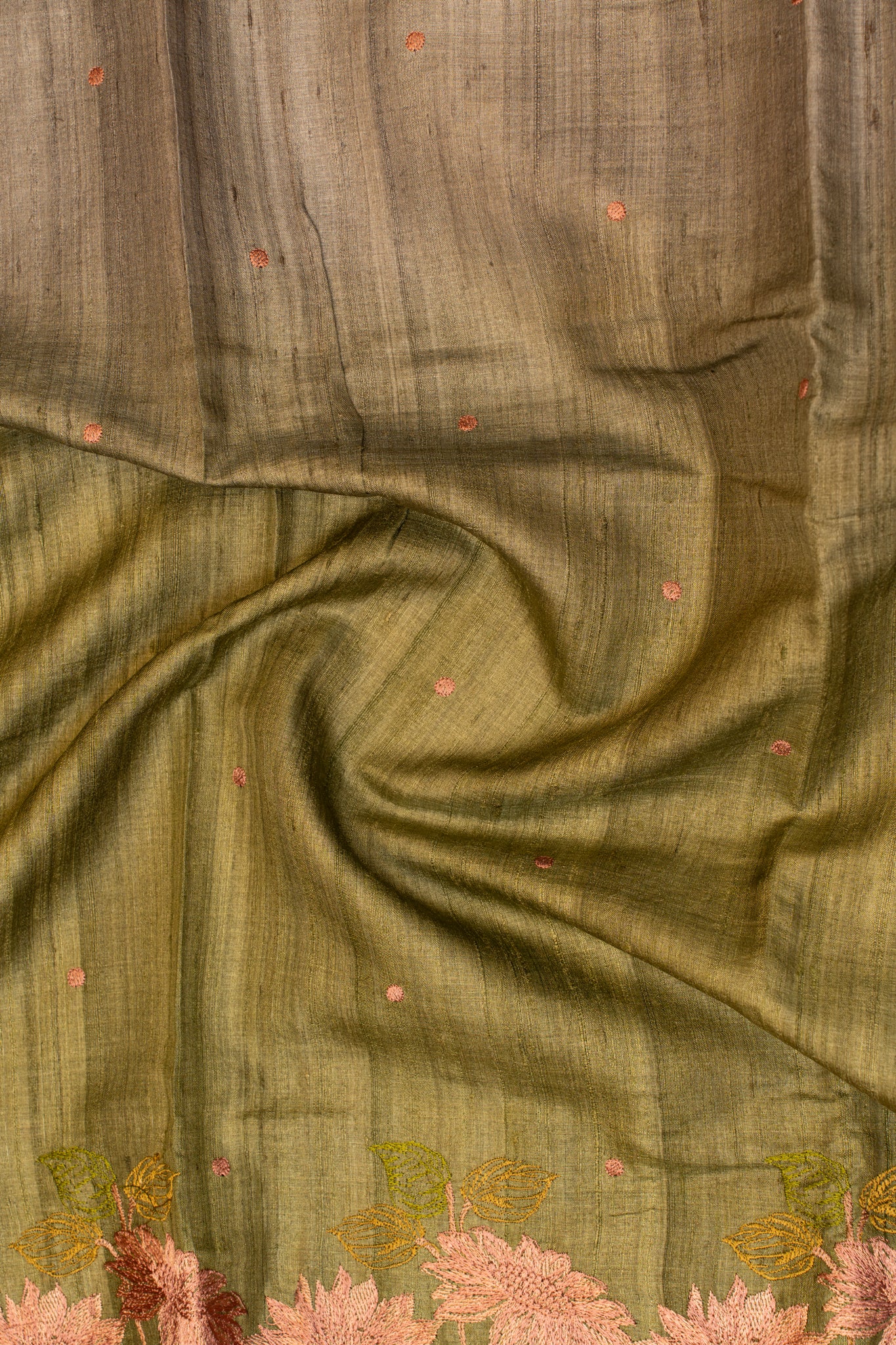 Olive green embroidered pure jute Tussar saree