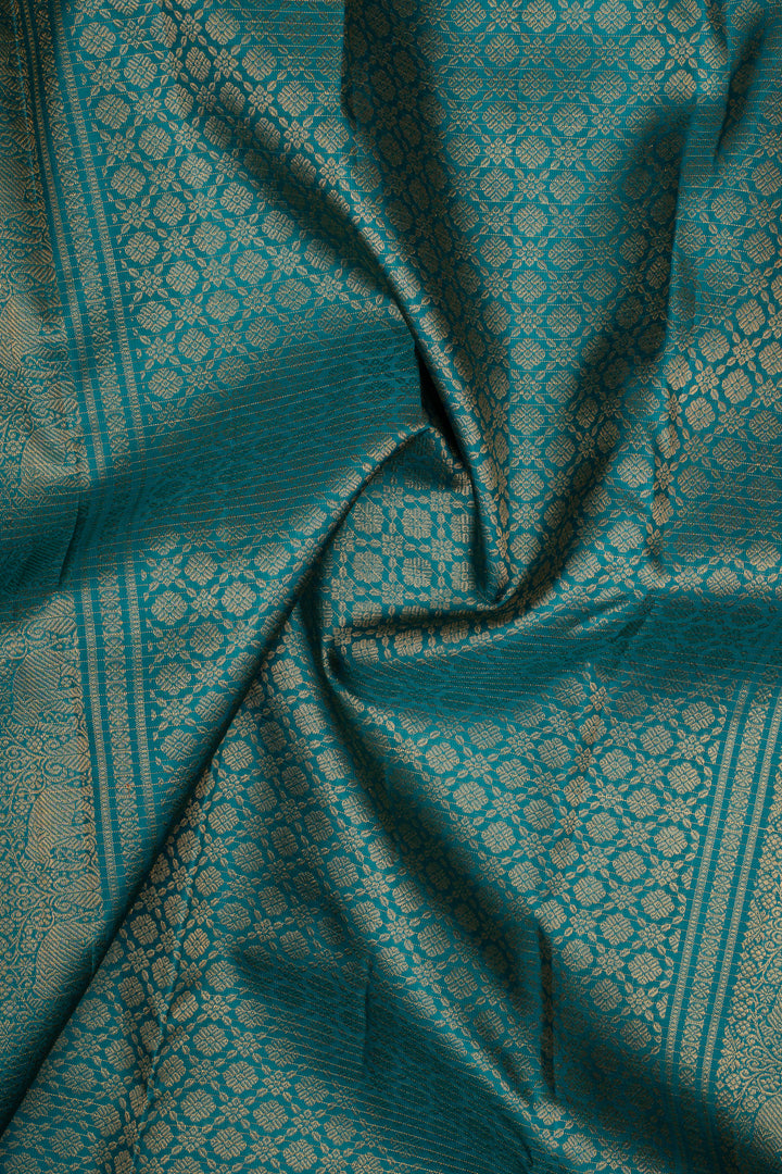 Teal Blue Zari Checks Pure Kanchipuram Silk Saree
