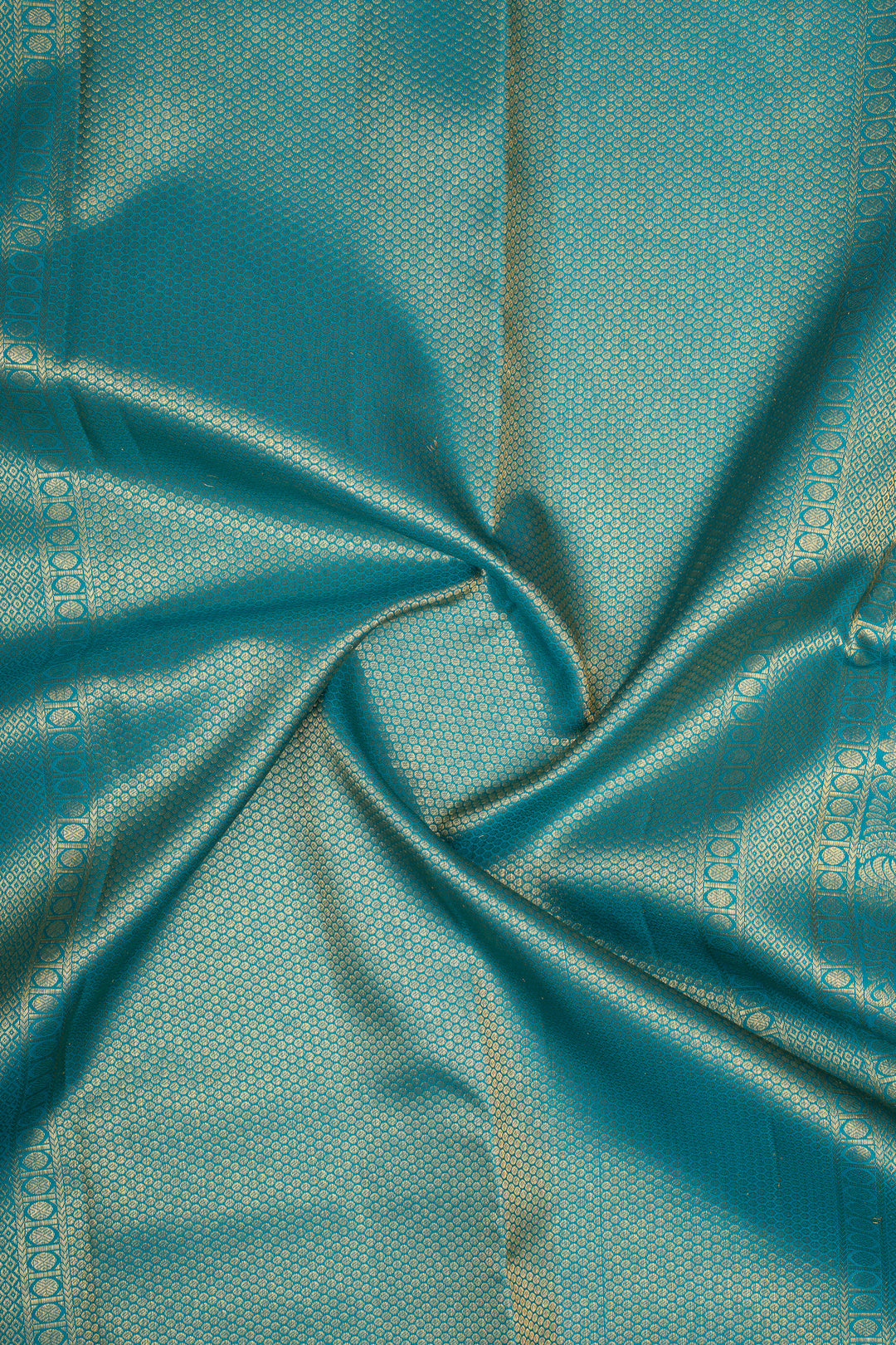 Cream and Teal Blue Brocade Pure Kanchipuram Silk Saree