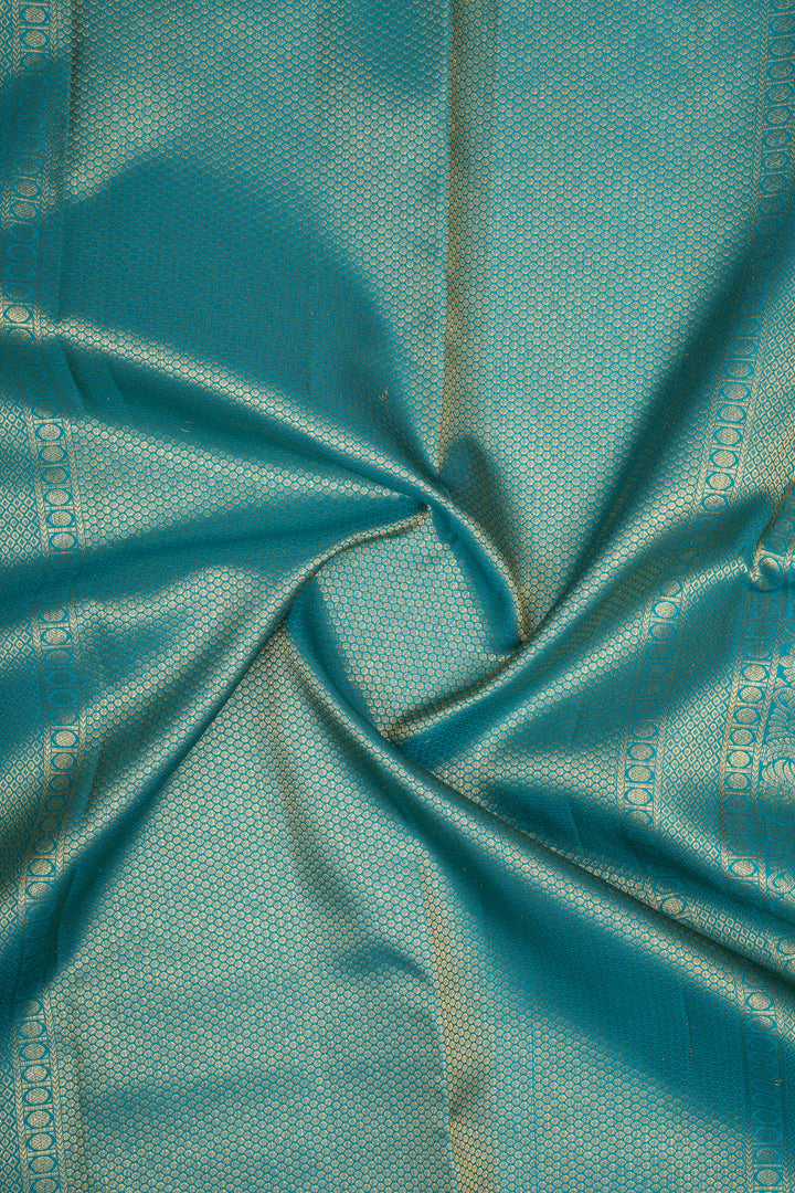 Cream and Teal Blue Brocade Pure Kanchipuram Silk Saree