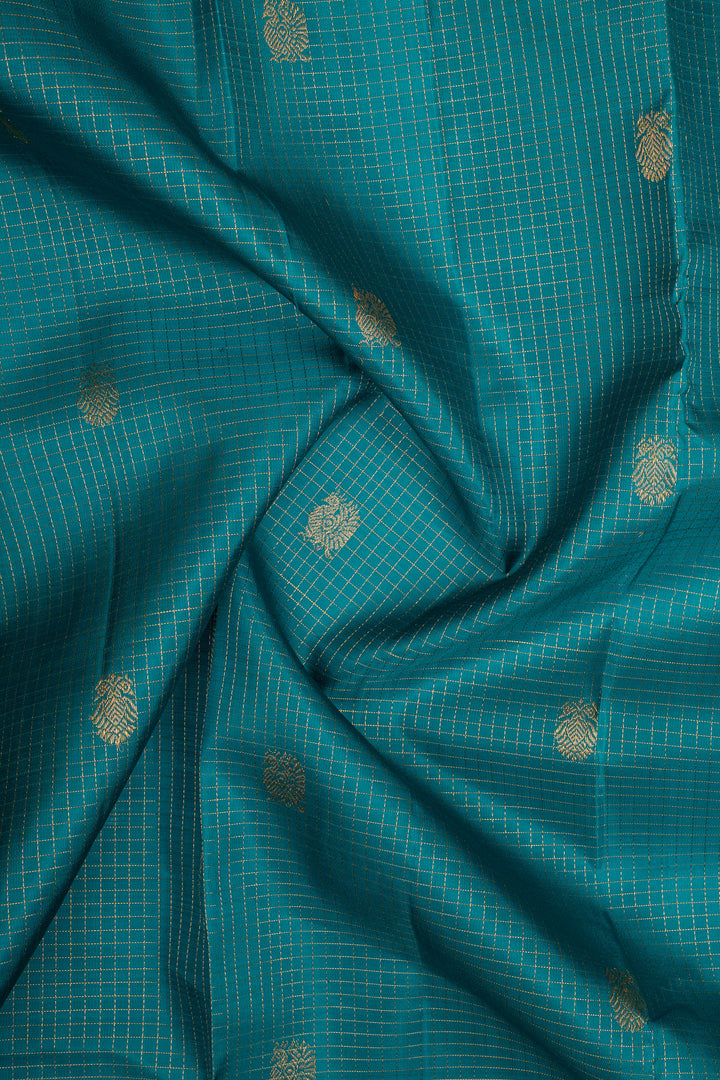Teal Blue Zari Checks Pure Kanchipuram Silk Saree