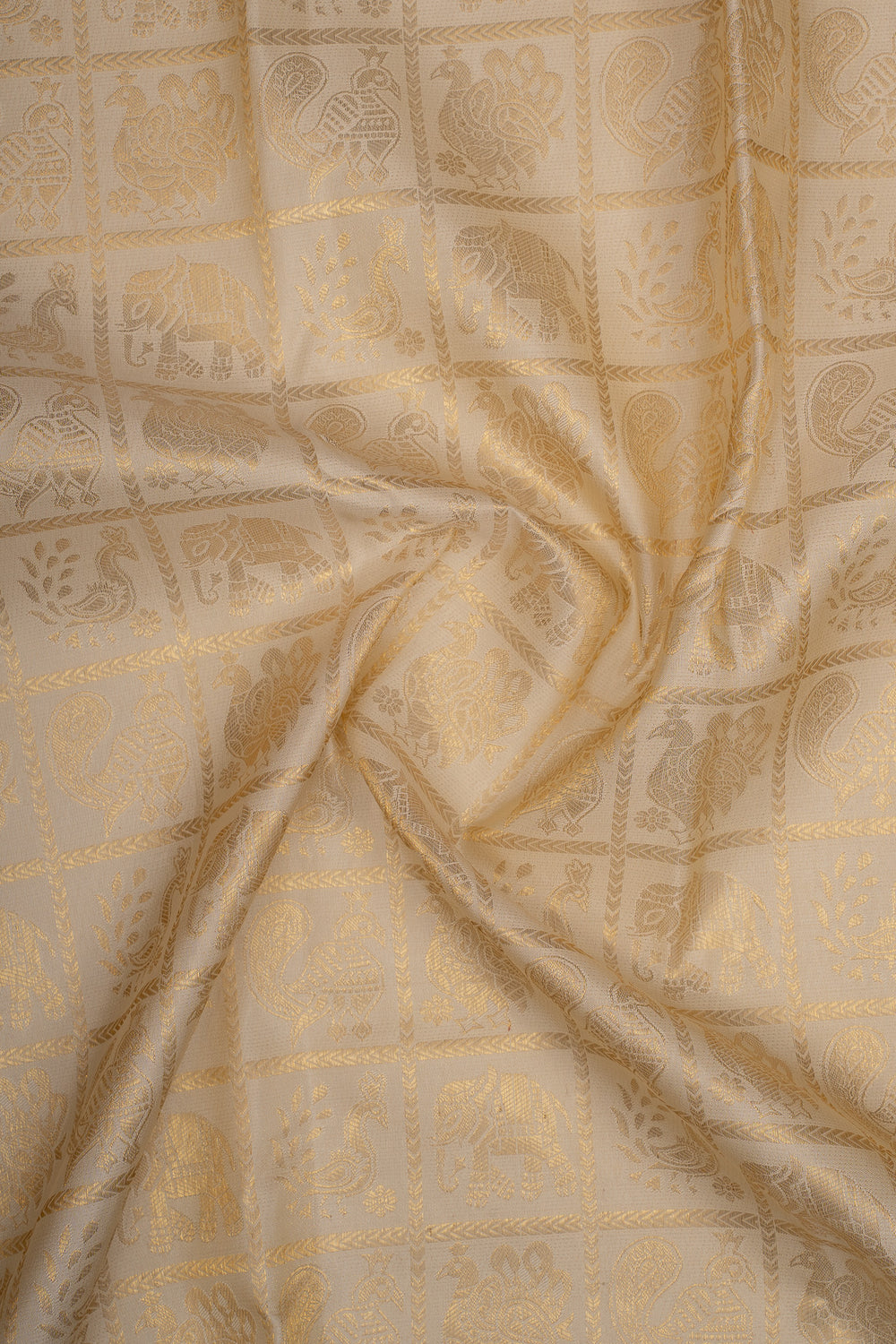 Cream and Teal Blue Brocade Pure Kanchipuram Silk Saree