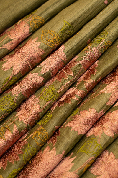 Olive green embroidered pure jute Tussar saree