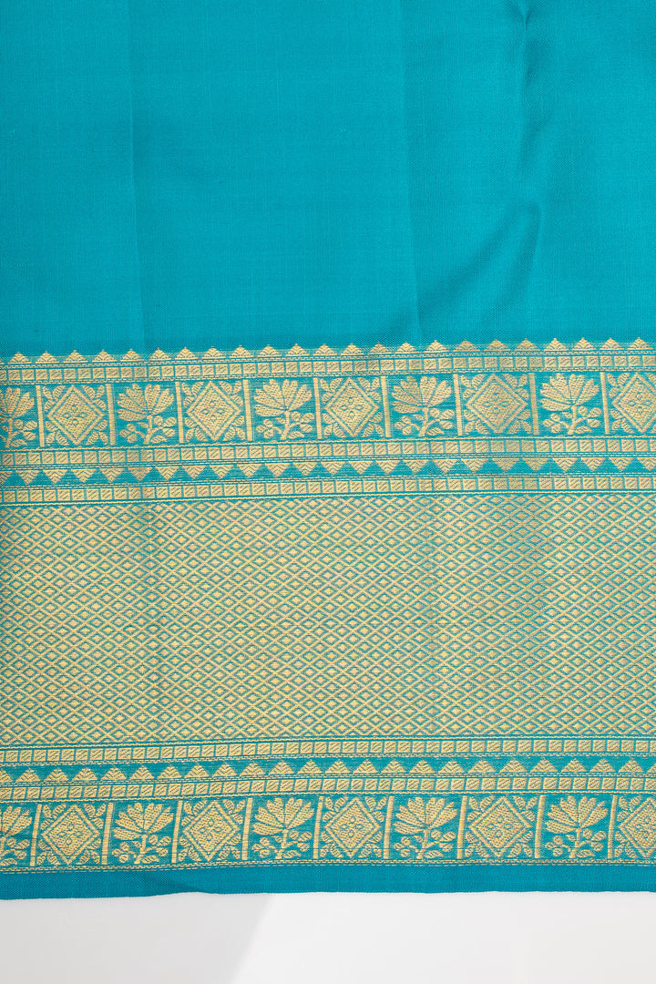 Cream and Teal Blue Brocade Pure Kanchipuram Silk Saree
