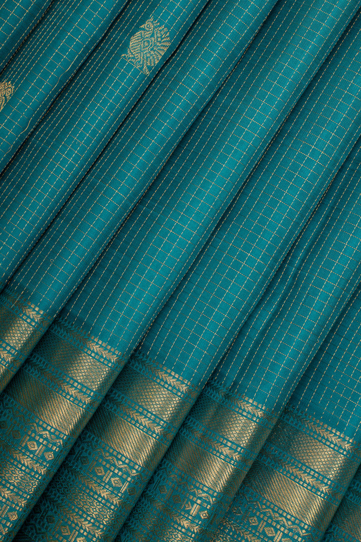 Teal Blue Zari Checks Pure Kanchipuram Silk Saree
