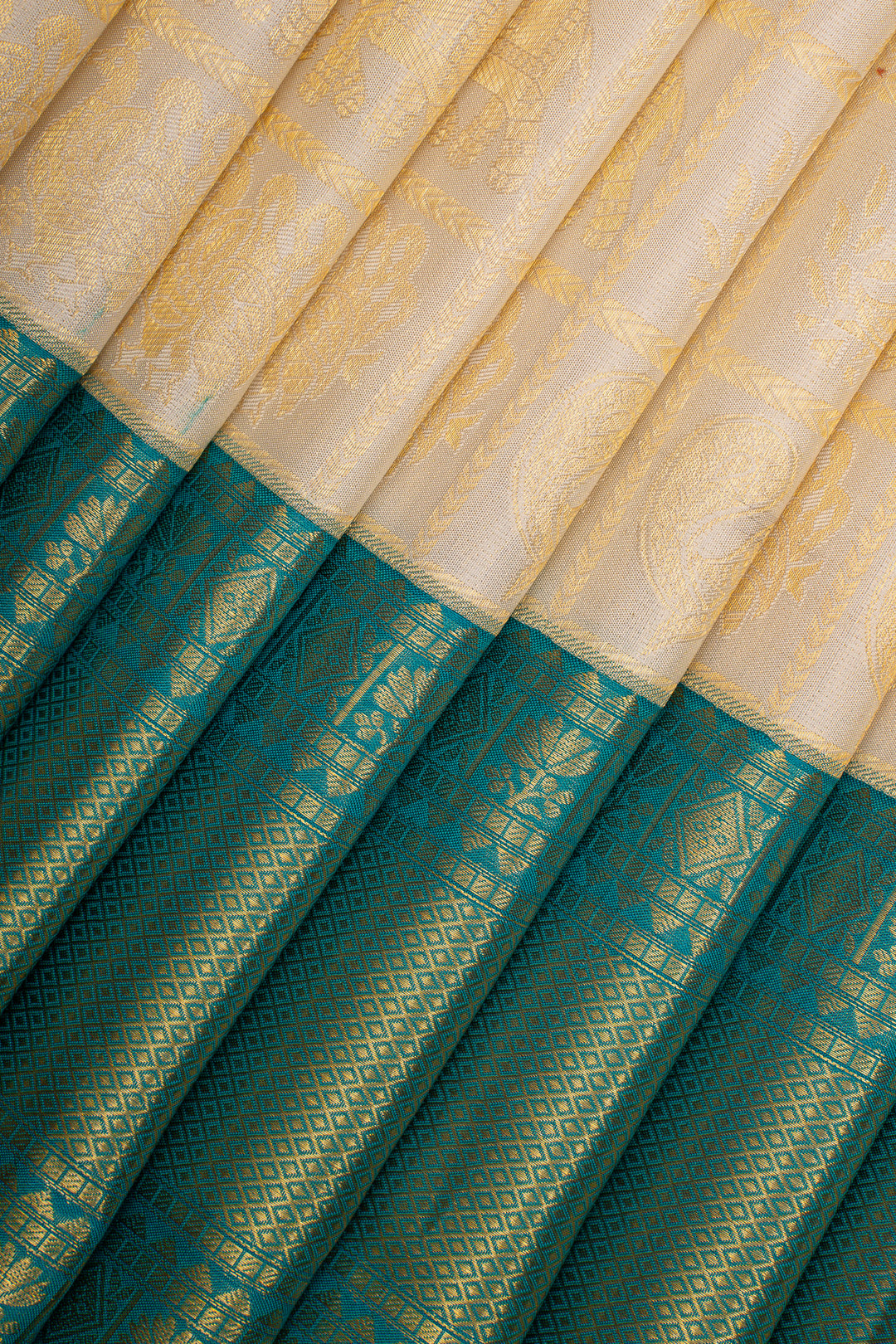 Cream and Teal Blue Brocade Pure Kanchipuram Silk Saree