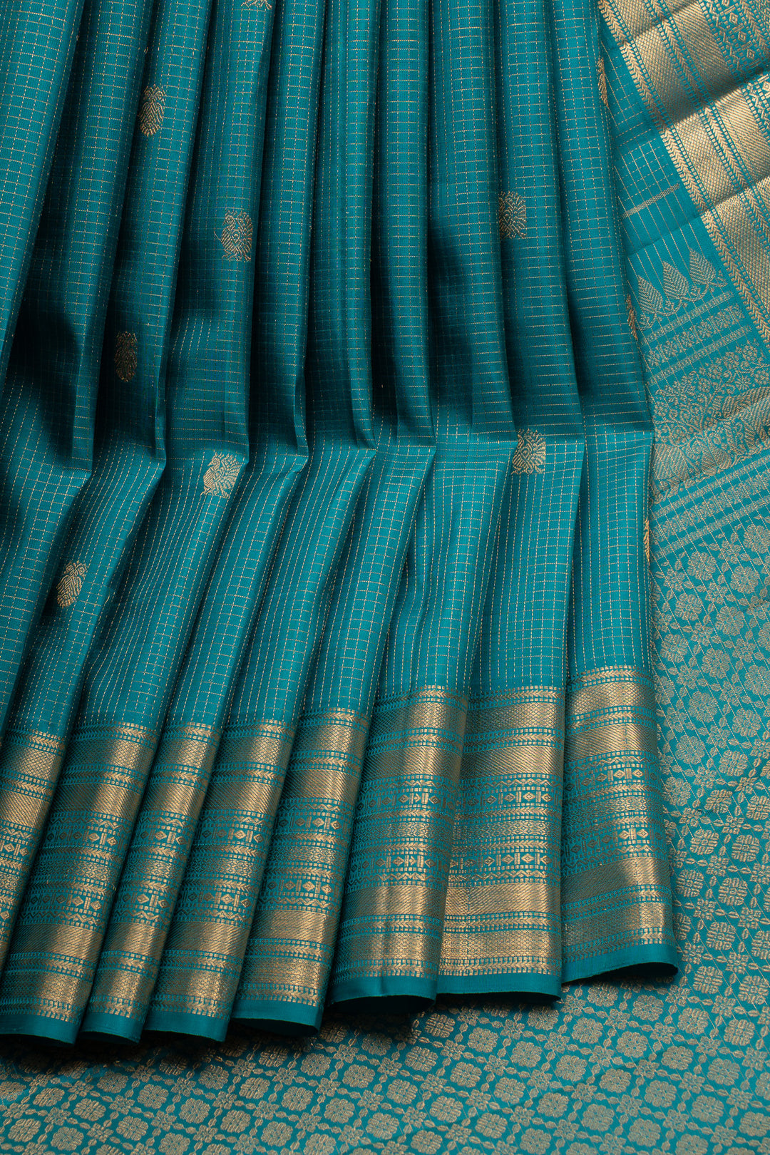 Teal Blue Zari Checks Pure Kanchipuram Silk Saree