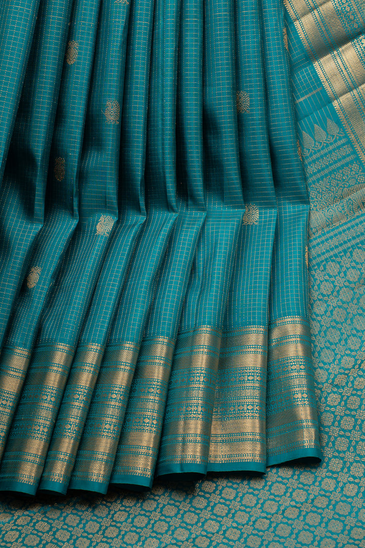 Teal Blue Zari Checks Pure Kanchipuram Silk Saree