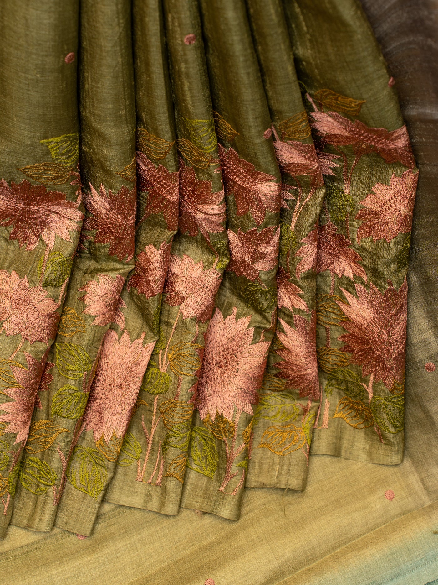 Olive green embroidered pure jute Tussar saree