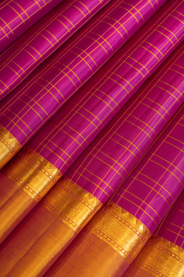 Magenta and mustard checks pure Kanchipuram silk saree