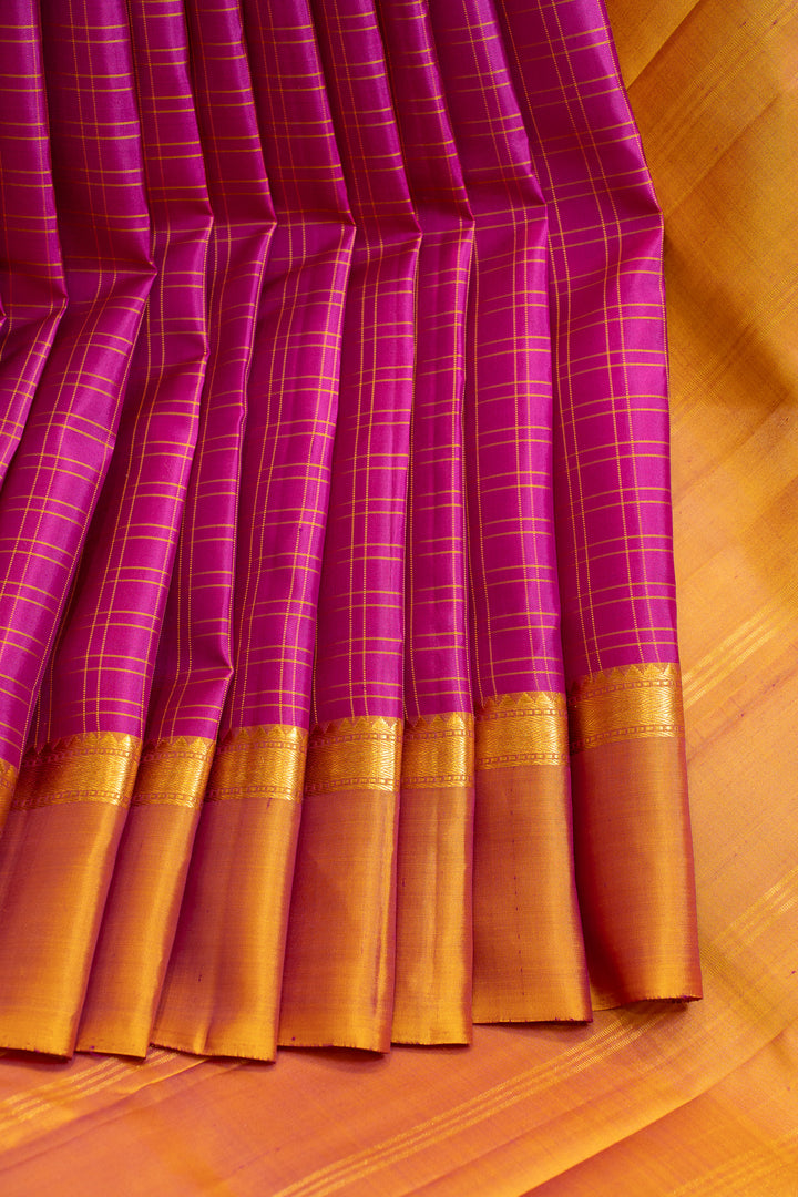 Magenta and mustard checks pure Kanchipuram silk saree