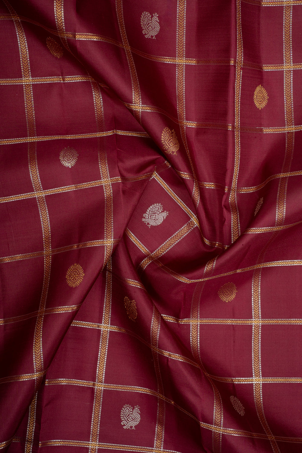 Maroon Checks Pure Kanchipuram Silk Saree
