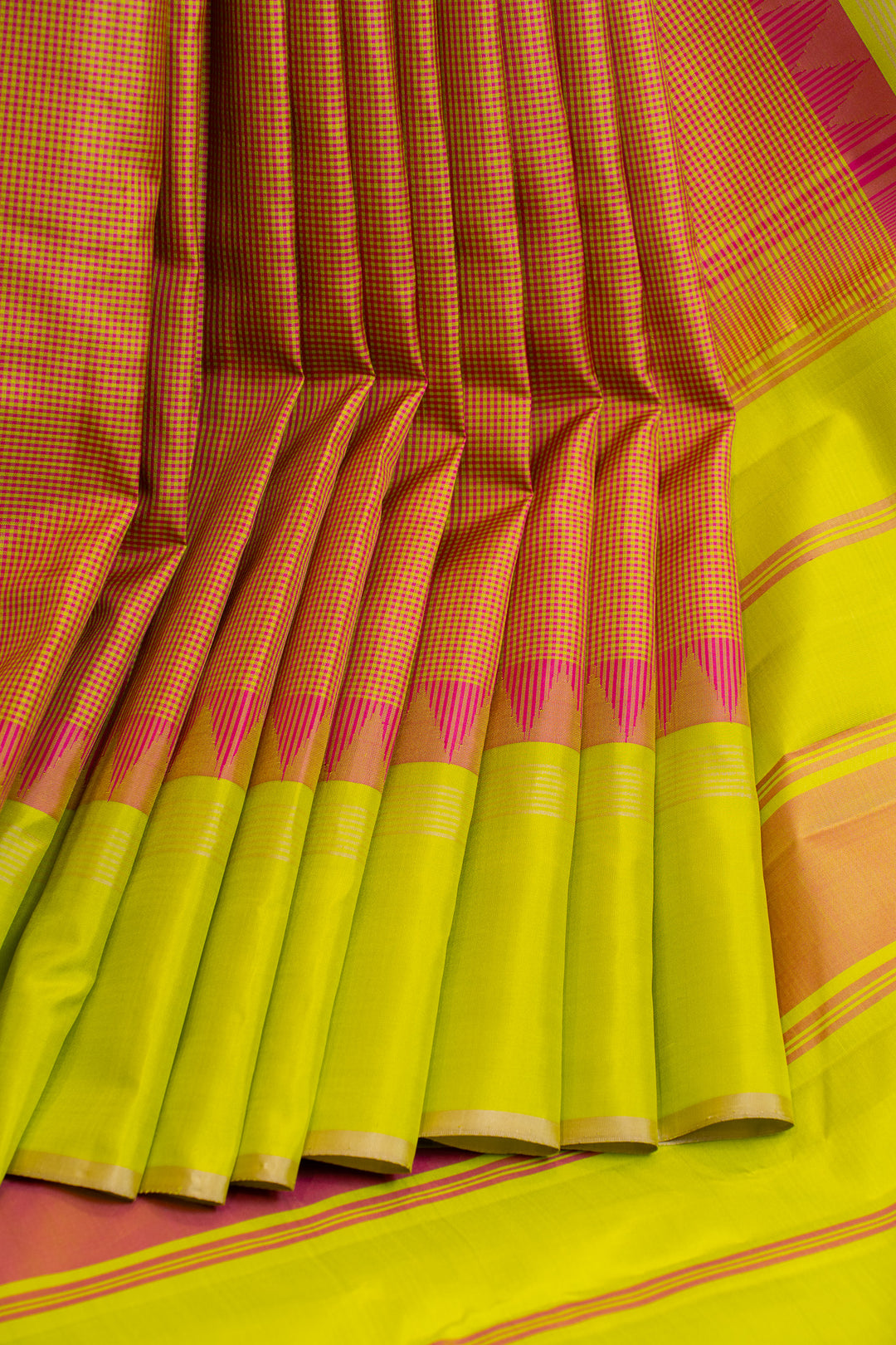 Pink and green podikattam temple border pure Kanchipuram silk saree