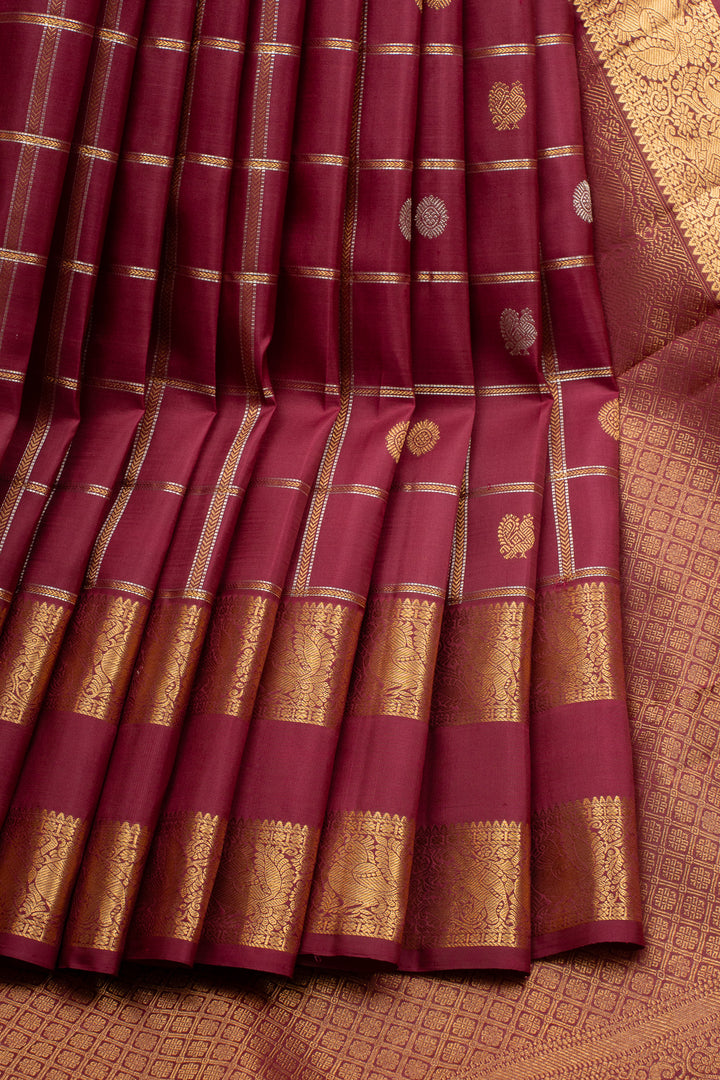 Maroon Checks Pure Kanchipuram Silk Saree