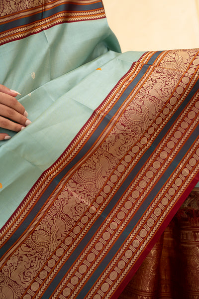 Sapphire Blue Thread Border Pure Kanchipuram Silk Saree - Clio Silks