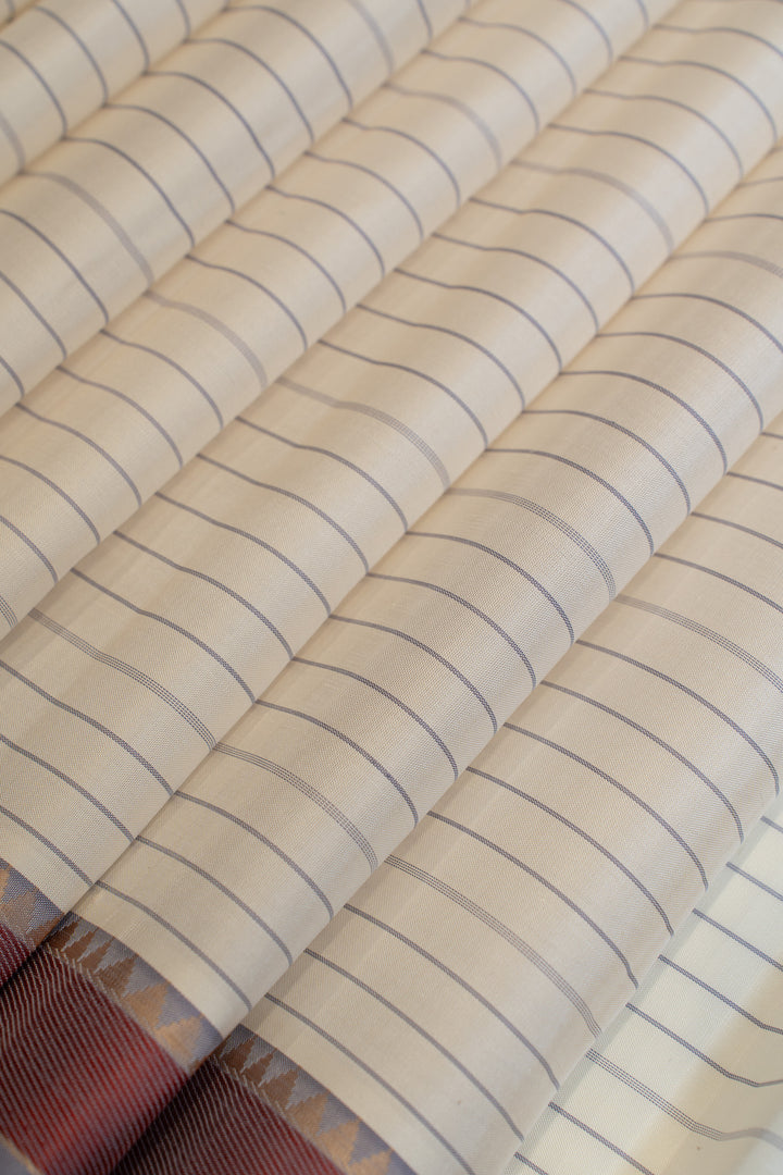 White and lilac stripes without zari pure Kanchipuram silk saree