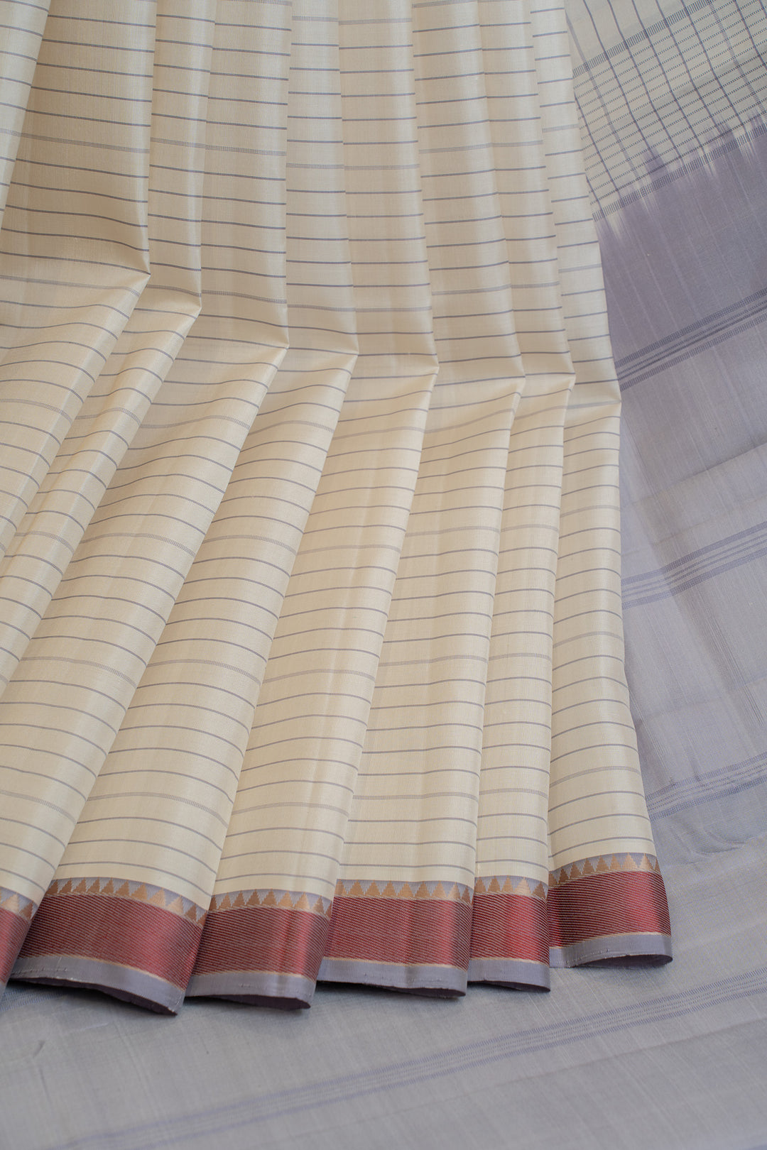 White and lilac stripes without zari pure Kanchipuram silk saree