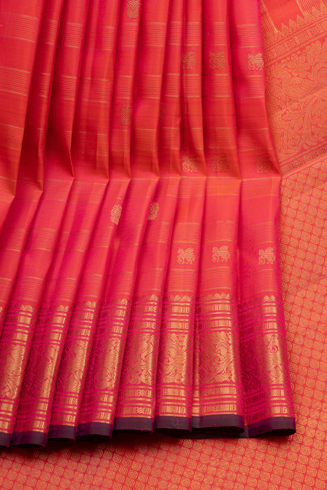 Peach Orange Stripes Pure Kanchipuram Silk Saree