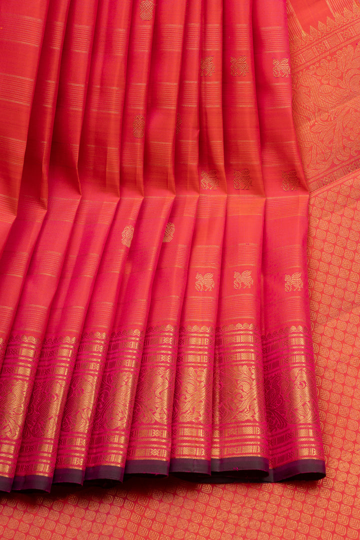 Peach Orange Stripes Pure Kanchipuram Silk Saree