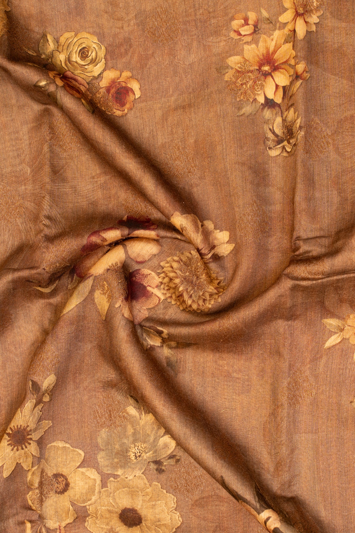 Brown printed pure Banaras georgette Tussar silk saree