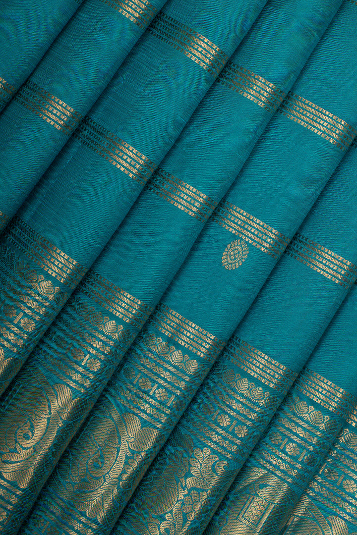 Peacock Blue Stripes Pure Kanchipuram Silk Saree