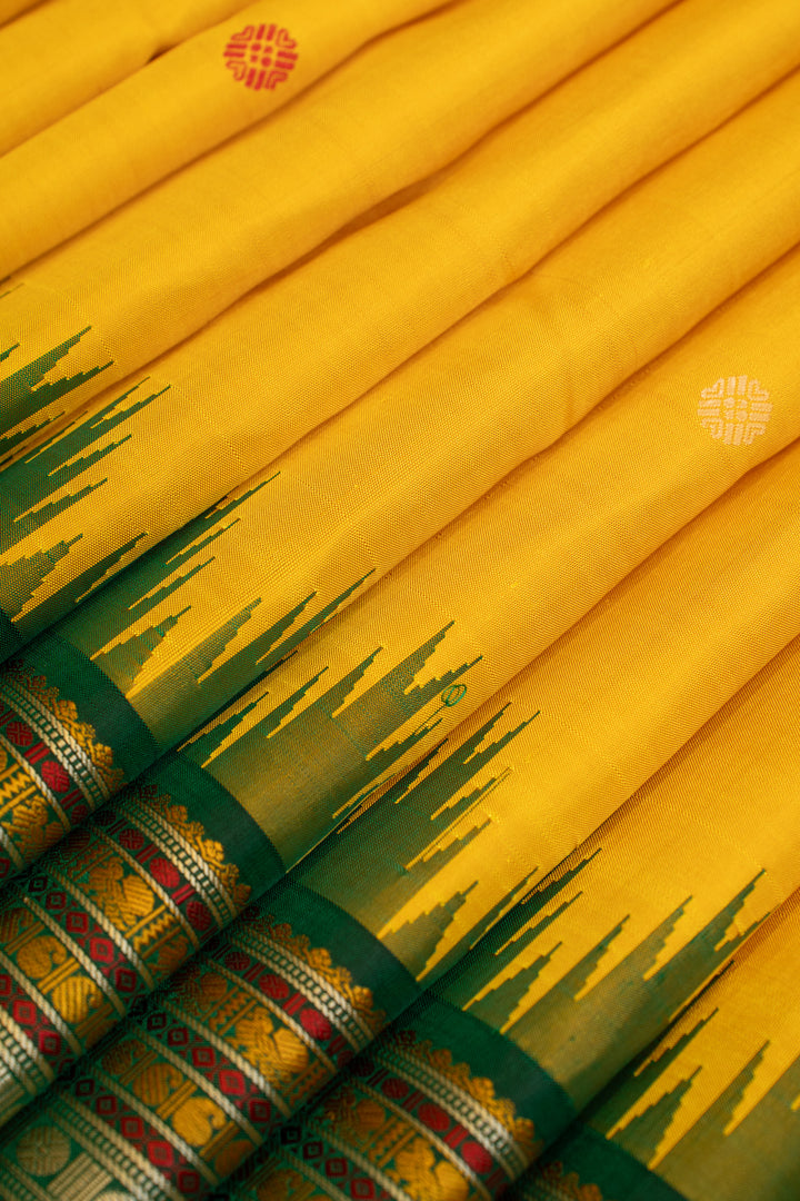 Yellow and green thread Varisaipettu pure Kanchipuram silk saree