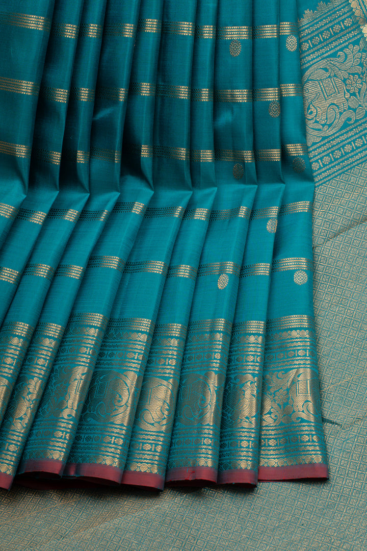 Peacock Blue Stripes Pure Kanchipuram Silk Saree